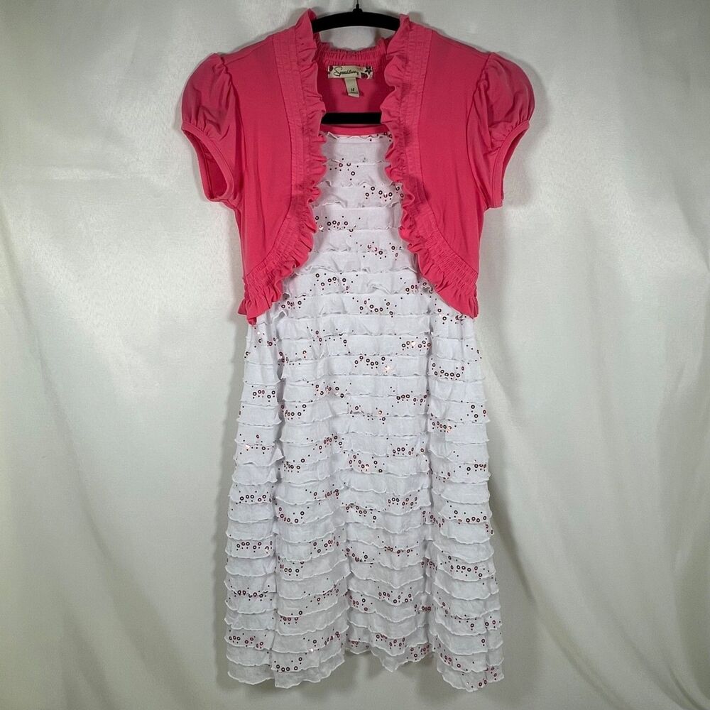 Speechless Girls Pink/Coral White Spring Summer Dress 14 Attached Bolero Style
